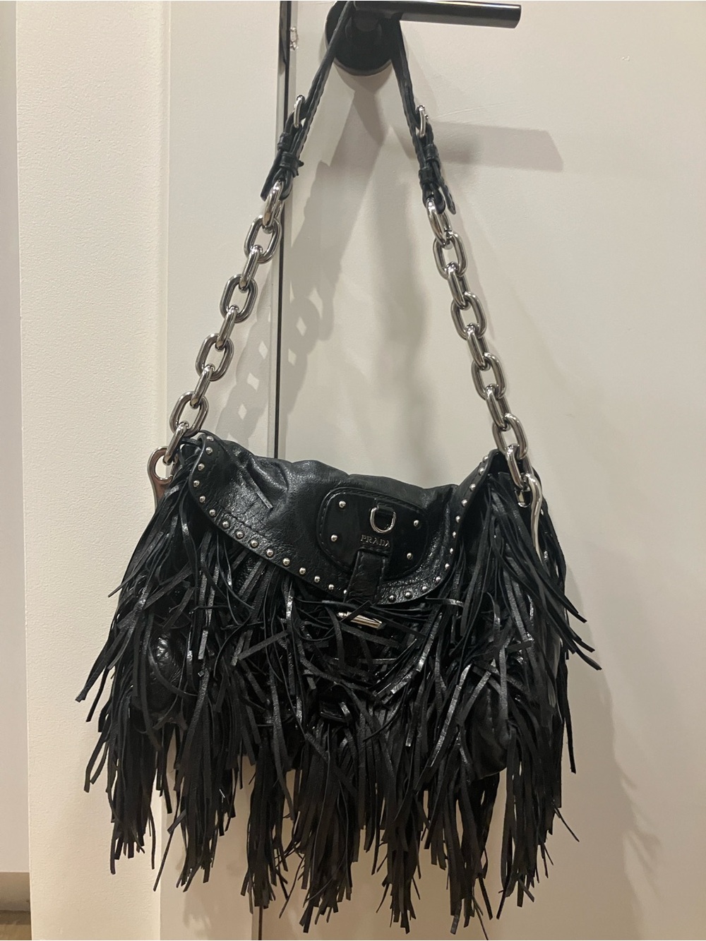 Prada Black Leather Fringe Vitello Shine Fringe Chain Shoulder Bag